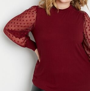 Maurices Burgundy Blouse with Sheer Polka Dot Sleeves. Xl